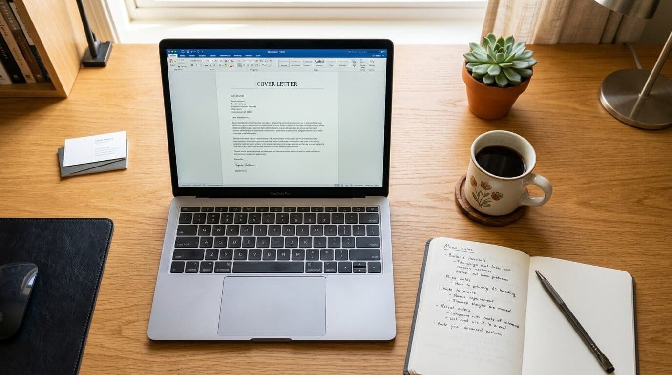 Schreibtisch mit aufgeschlagenem Laptop und Bewerbungsunterlagen