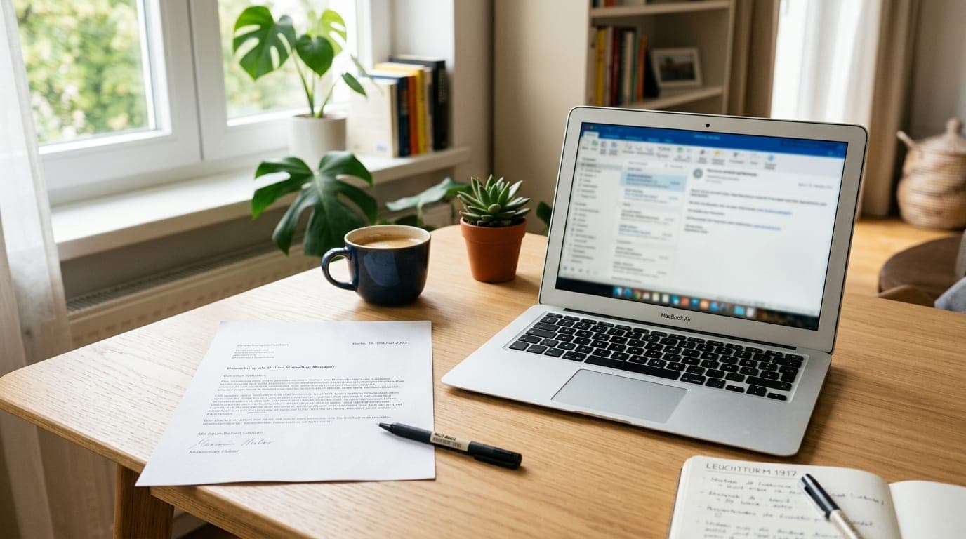 Ausgedruckte Bewerbungsschreiben-Vorlage auf einem Schreibtisch neben einem Laptop
